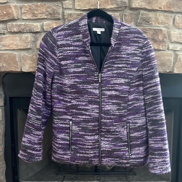 Roz & Ali purple and gray coat with zippered pockets and padded shoulders. 1X - Picture 1 of 7